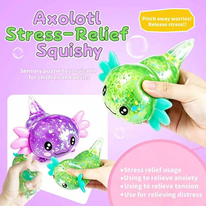 2pack Glitter Axolotls Squishies Toy, Axolotls Stress Relief Toy,Soft Squeeze Sensory Fidget Gadget for Teen & Adult, Office Desk Decor, Party Favors(Purple+Green)