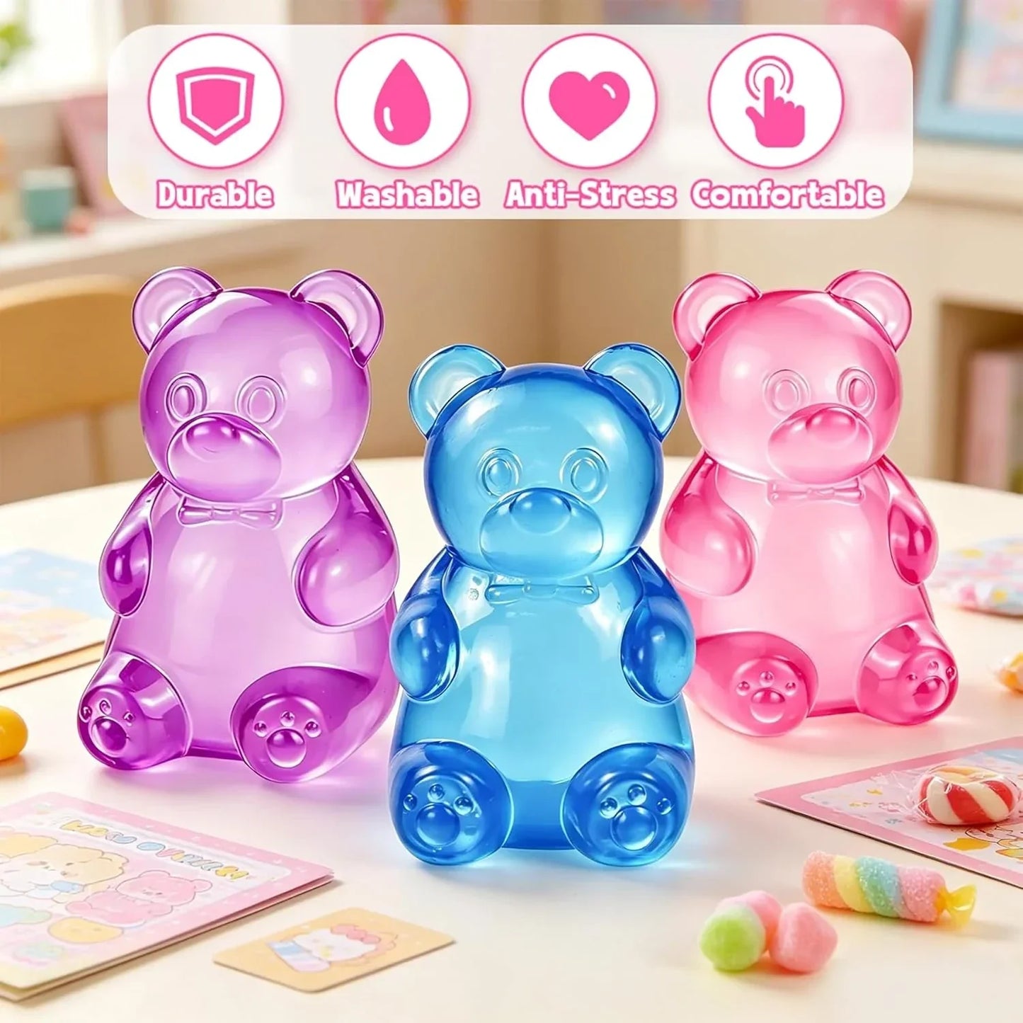 Gummy Bear Squishies Squeeze Toys for Kids Adults, Sugar Squishies Balls Stress Bear Toys for Boys Girls, Sensory Fidget Toys Anxiety Relief for Autism, Party Favors Gifts, Valentines Day Gifts (Pink)