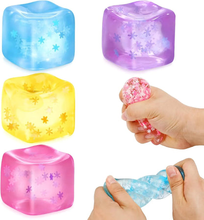 Fidget Toy Stress Cube- 4 Pack Sensory Squeeze Toys, Slow Rising Squishy Cube Filled with Thick Substance and Snowflakes Crafts, Anxiety Stress Relief Calming Tool for Adults and Kids - US 4461