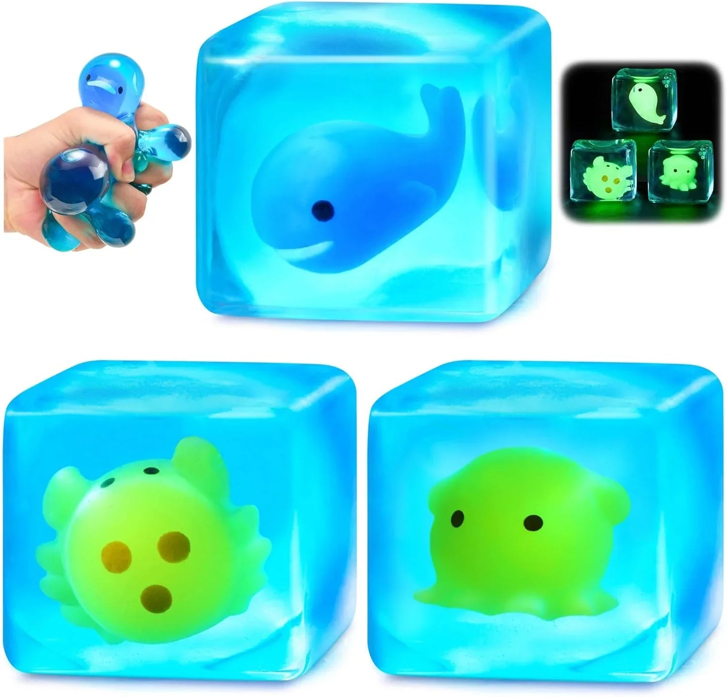 Squishy Stress Cube Fidget Toys Adults - Glow in The Dark Sensory Toys for Kids with Autism Stress Balls for Kids Teens Squeeze Toys for Anxiety Easter Basket Stuffers - US 6005