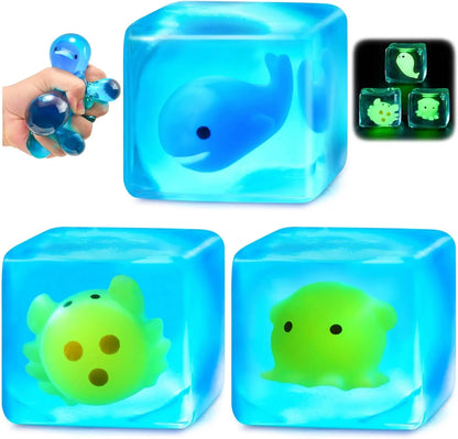 Squishy Stress Cube Fidget Toys Adults - Glow in The Dark Sensory Toys for Kids with Autism Stress Balls for Kids Teens Squeeze Toys for Anxiety Easter Basket Stuffers - US 6005
