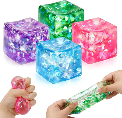 4 Pack Glitter Ice Cube Squishy, Slow Rising Stress Relief Toys, Square Stree Balls Fidget Toys for Adults Boys Girls, Squeeze Ball Sensory Toys for Kids with Autism, Party Favors Gifts - US 8811