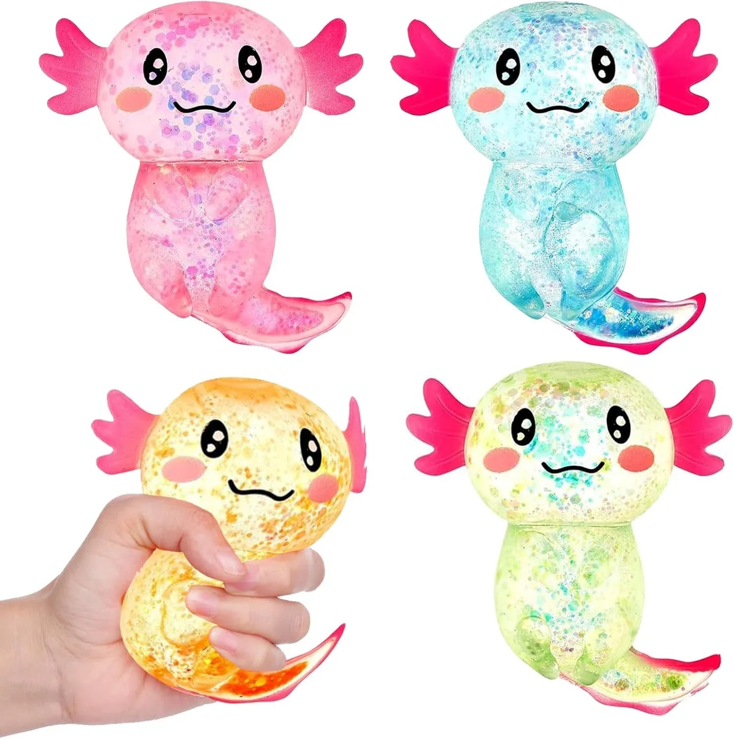 Sezua Squishy Fidget Stress Ball - 4 Pack Taba Squishies Squeeze Sensory Axolotl Toys, Axolotl Squishy Sugar Stress Ball Toys for Adults Kid, Glitter Salamander Gift for Party Birthday Christmas - US 2343