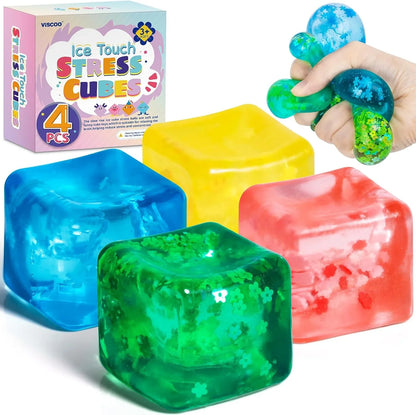 4 Pack Fidget Toy Stress Cube, Slow Rise Stress Balls Ice Cube,Mellow and Chill,Square Squishy Balls for Anxiety Relief,Cube Squishy,Prize Box Toys for Kids Classroom Birthday Gifts Party Favors - US 6913