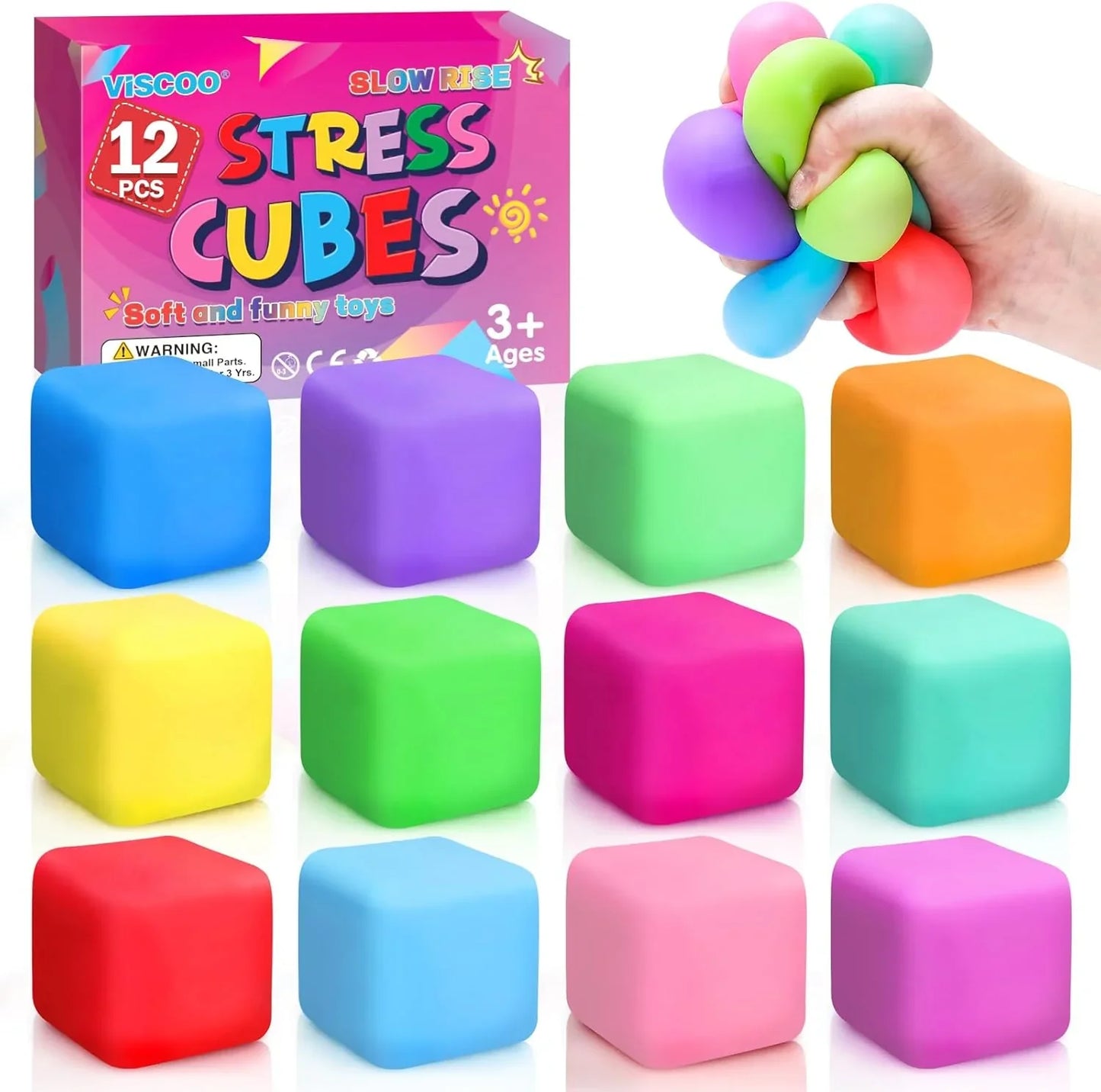12 Pack Slow Rising Stress Cube, Dough Stress Balls Squishy Fidget Toys for Anxiety Relief, Soft Fidget Cube, Pull Stretch Squishy Toys for Classroom Prize, Party Favors for Kids Adults - US 1947