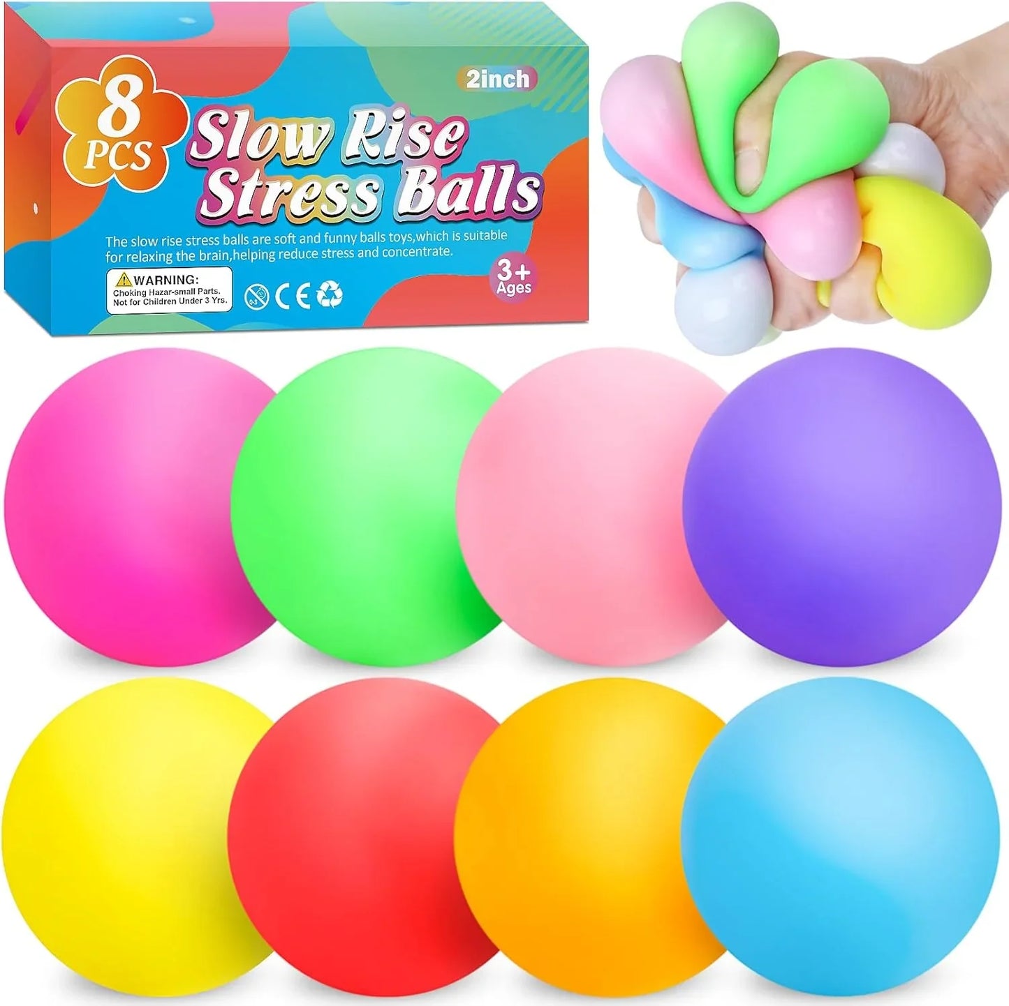 8 Pack Slow Rising Stress Ball,Stress Balls for Kids Adults,Stretchy Fidget Toys for Anxiety Relief,Hand Therapy Sensory Squishy Ball,Squishy Toys,Treasure Prize Box Toys for Kids Classroom - US 9489