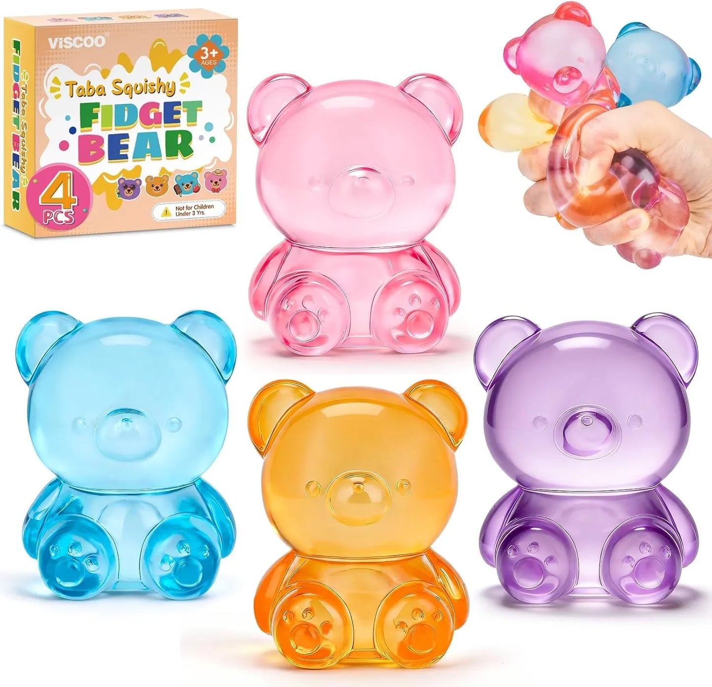 VISCOO 4 Pack Stress Bear Squishy Ball, Sugar Filled Gummy Bear Toys, Taba Squishy Toys for Kids Stress Relief, High Density Stress Balls for Calming - Soft Squeeze Balls Party Favors Birthday Gifts - US 8625