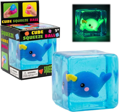 Cube Squeeze Ball Stress Fidget Toy, Glow in the Dark Gel Filled Ice Cube, Slow Rising Squishy Sensory Toy for Anxiety Relief, Kids and Adults (Narwhal) - US 3418