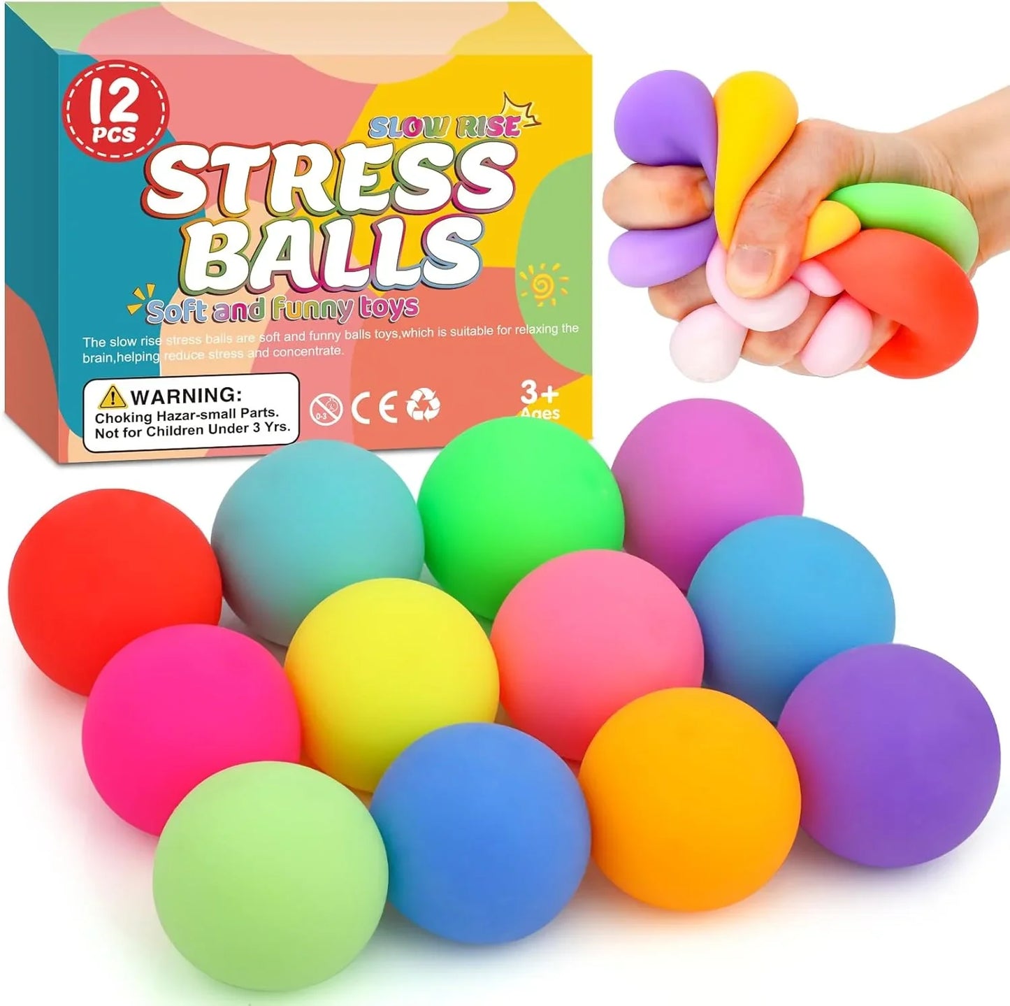 12 Pack Slow Rising Stress Ball,Stress Balls for Kids Adults,Stretchy Fidget Toys for Stress Relief,Hand Therapy Sensory Squishy Ball, Squishy Toys for Kids, Classroom Prize Box Party Favors - US 3677