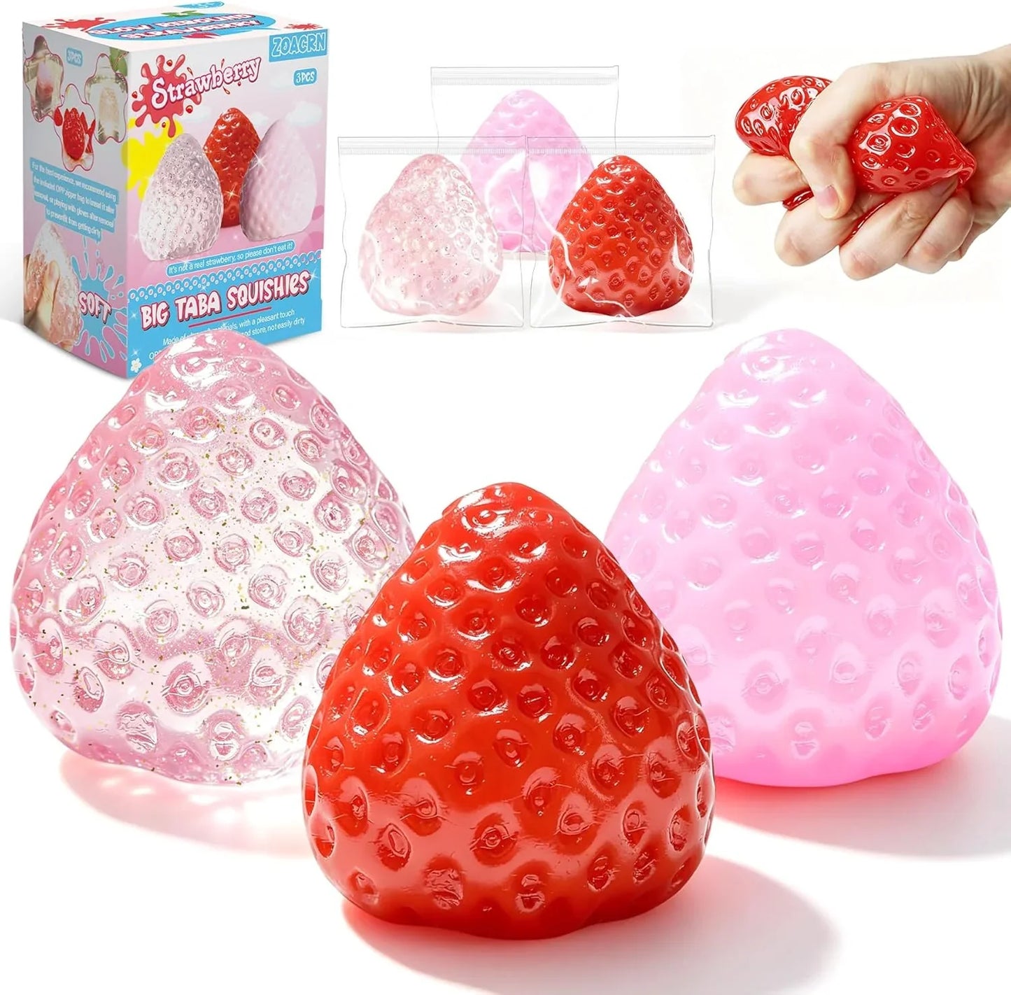 3Pcs Big Taba Squishies Strawberry, Cute Strawberry Squeeze Toys, Upgrade Fruit Squishies, Kawaii Sticky Stress Toy, Clear Fidget Toys, Valentines Gift for Kids, Teen Boys Girls Birthday Gift Ideas - US 2169