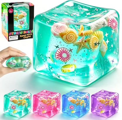 1Pc Ice Cube Squishy Stress Balls,Slow Rising Sensory Fidget Toy with Marine Shells Inside Square Soft Sensory Anxiety Relief Squeeze Cube for Adults Teens Kids(Green) - US 8692
