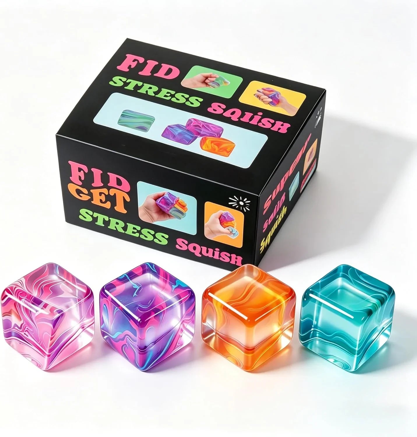 4Pack Fidget Toys Mini Squishy Stress Cube, Stress Balls for Kids, Adults Squishies Anxiety Stress Relief, Ice Squishy Cube Sugar Balls, Sensory Toys for Kids with Autism, Fidgets for Classroom Prize - US 7524