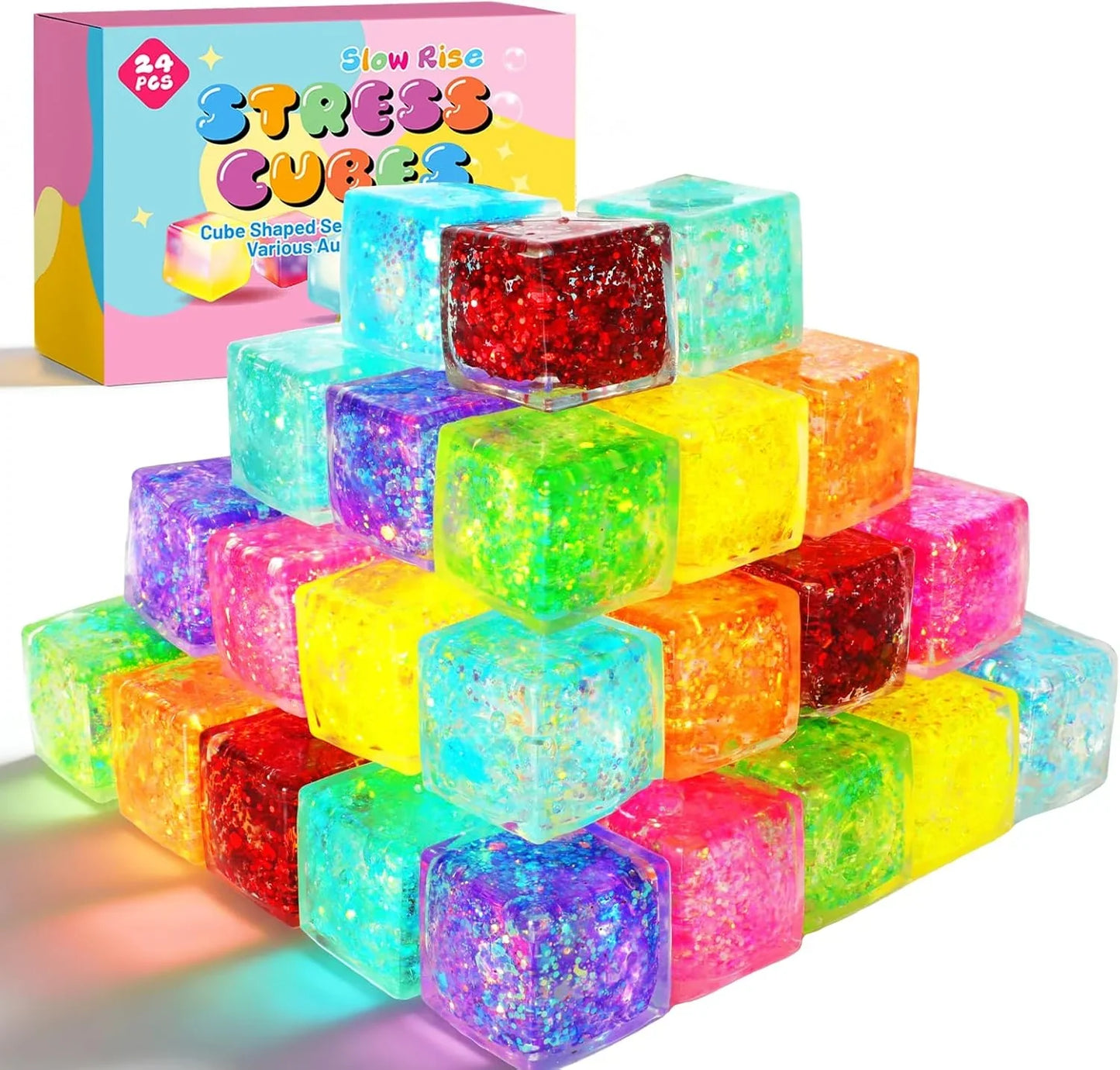 24 Pack Slow Rising Ice Cube Squishy Stress Balls，Stress Cube for Adults Kids , Bulk Taba Squish Fidget Toys, Square Squeeze Toy for Classroom Prizes, Mini Nice Cube Squishy for Party Favors - US 1971