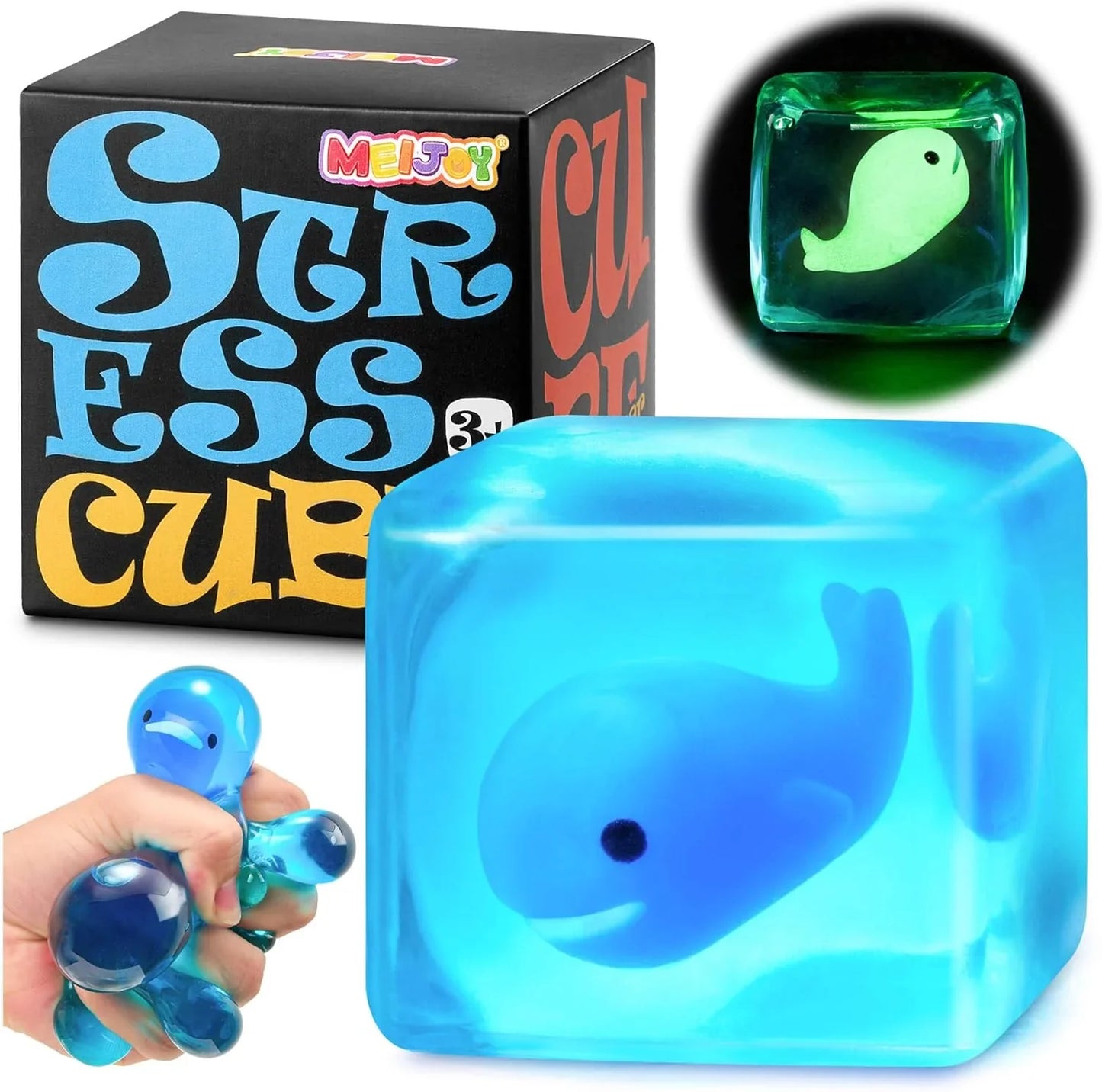 Stress Cube Squishy Fidget Toys Kids Adults - Glow in The Dark Whale Squish Toy Sensory Toys for Kids with Autism Stress Balls for Kids Squeeze Toys for Anxiety Stress Relief Easter Basket Stuffers - US 2639