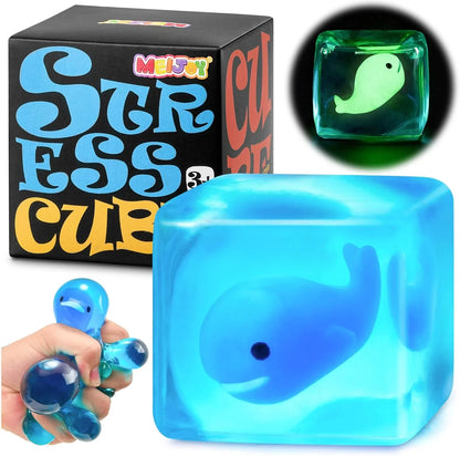 Stress Cube Squishy Fidget Toys Kids Adults - Glow in The Dark Whale Squish Toy Sensory Toys for Kids with Autism Stress Balls for Kids Squeeze Toys for Anxiety Stress Relief Easter Basket Stuffers - US 2639
